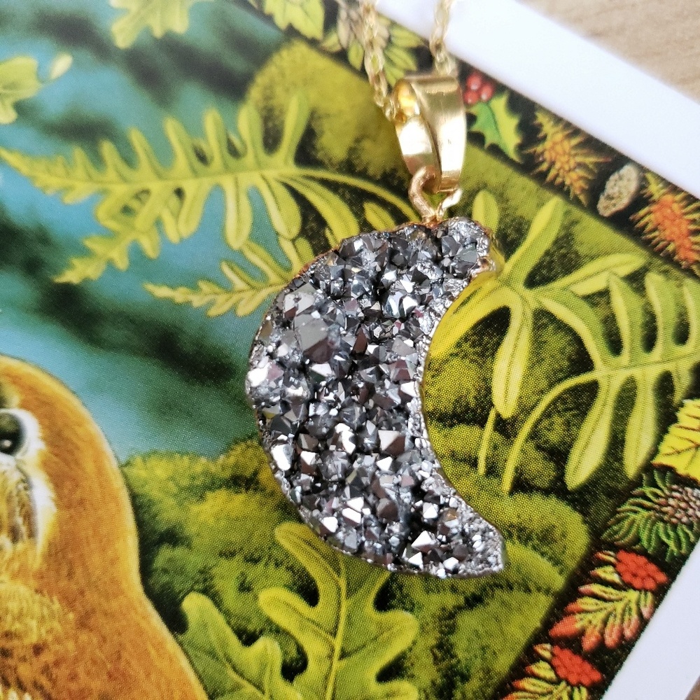 Celestial Crescent Moon Silver Druzy Necklace - image 5